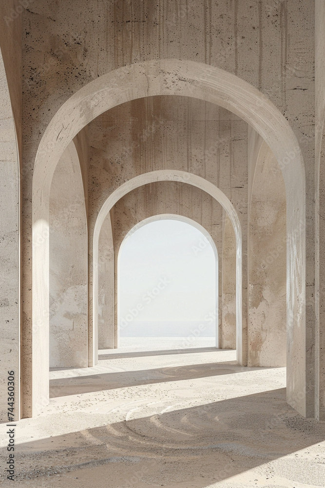 3d render of a series of minimalist arches casting soft shadows in a desert landscape