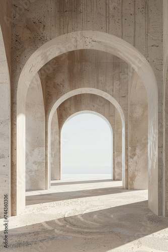 3d render of a series of minimalist arches casting soft shadows in a desert landscape