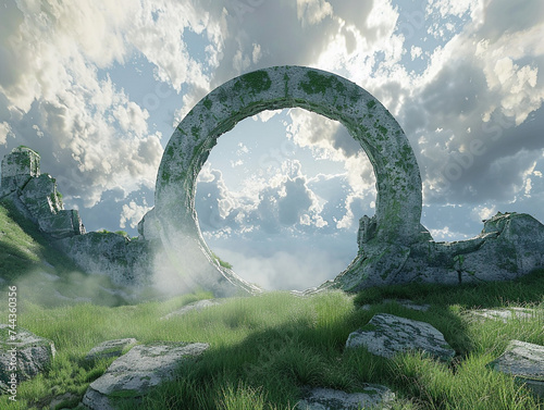 3d render of a simple celestial portal framed by ancient ruins on a grassy hill photo
