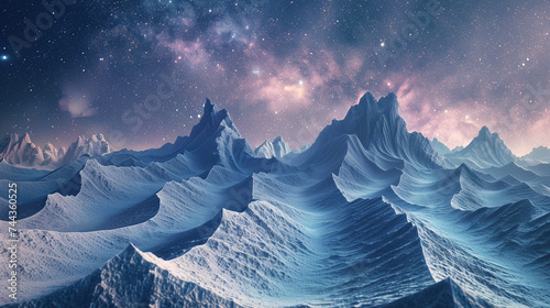 3d render of a surreal mountain range with peaks that twist into spirals against a star filled sky
