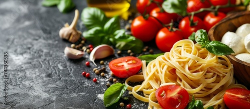 Delicious bowl of pasta with fresh tomatoes, garlic, and fragrant basil leaves on a rustic table