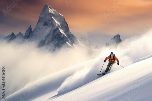 Skier mountains snow fun. Free resort. Generate Ai