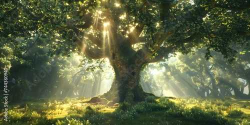 Magic forest the sun's rays pass through the trees, shadows. Big old tree in the center. Beautiful forest fantasy landscape. Unreal world. 3D illustration. 