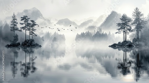 Painting style of chinese landscape, wallpaper vintage chinese landscape drawing of lake with birds trees and fog in black and white design for wallpaper.