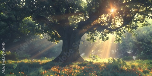 Magic forest the sun s rays pass through the trees  shadows. Big old tree in the center. Beautiful forest fantasy landscape. Unreal world. 3D illustration. 