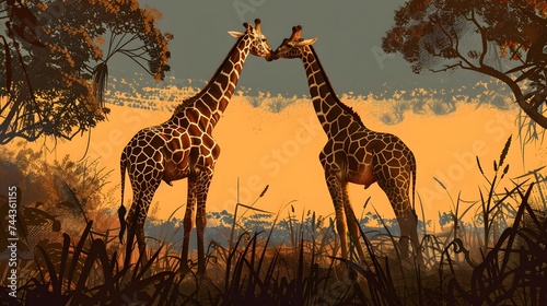 Pair of giraffes in the habitat. wildlife animal  digital art 