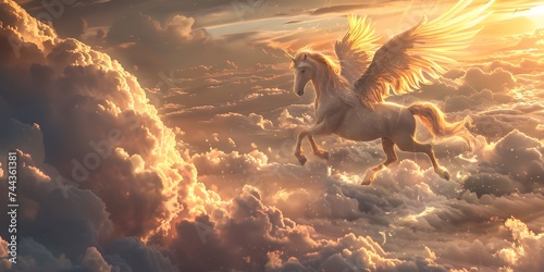 Majestic Pegasus horse flying high above the clouds. Flight of the Pegasus.