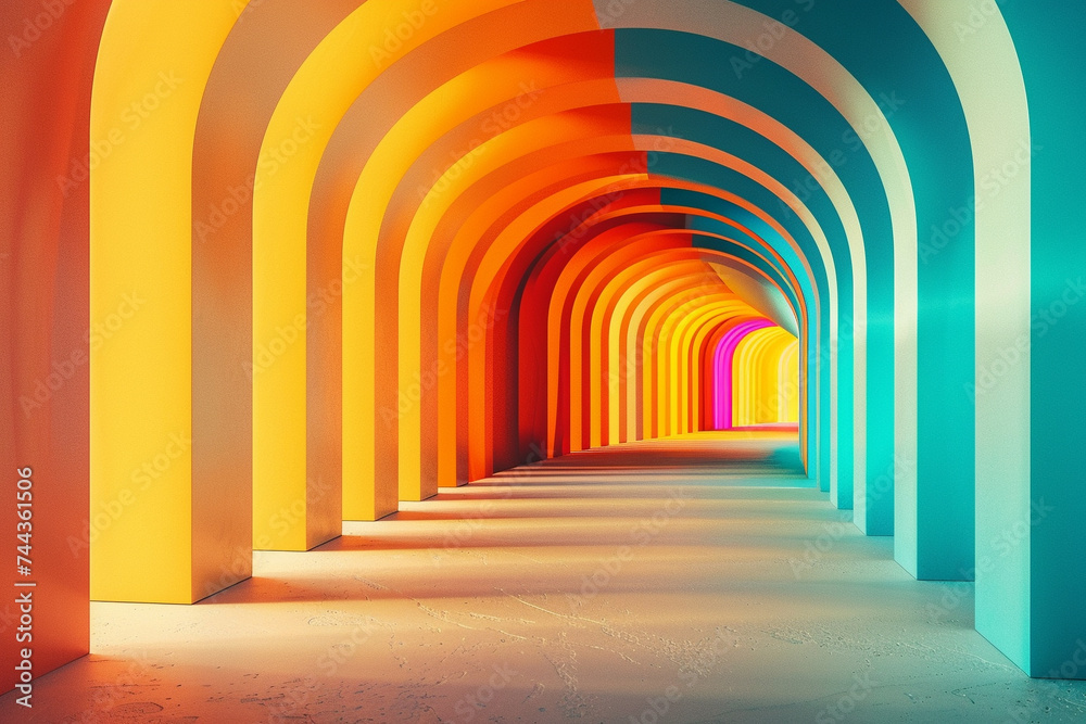 3d render of an endless tunnel with a minimal gradient color wall