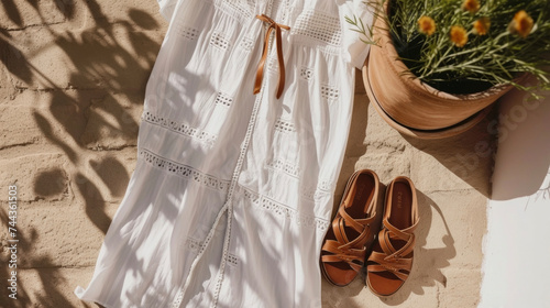 A breezy white kaftan with a slit up the side paired with simple brown leather sandals for a bohemianinspired beach look. photo