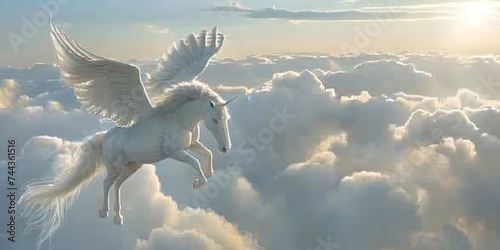 Majestic Pegasus horse flying high above the clouds. Flight of the Pegasus.