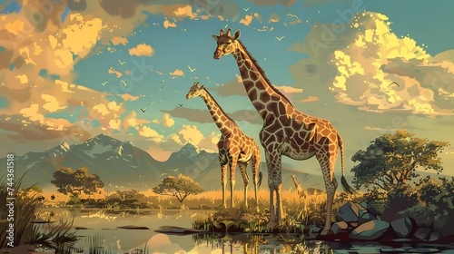 Pair of giraffes in the habitat. wildlife animal, digital art, © Ziyan