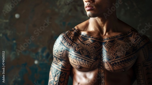 Patterns and designs adorn the muscular and athletic body of a man’s, showcasing a Polynesian-style tattoo with skin painting
