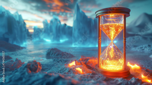 3d render of an hourglass where sands of fire flow into a lower chamber of ice photo