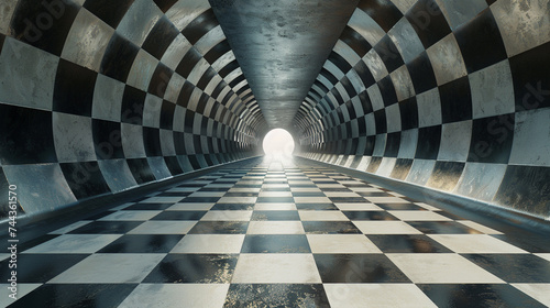 3d render of an infinite tunnel with a checkerboard pattern floor