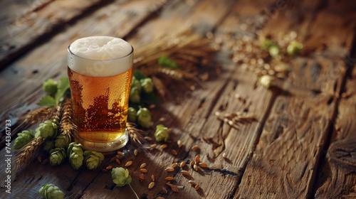 Photography of a frothy beer glass with hops and barley on a rustic wooden table