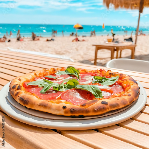 a pizza near the swimming pool on the table ,illustration ,png