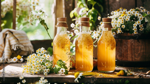 Photography of a homemade elderflower cordial in glass bottles with fresh flowers
