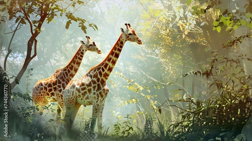 Pair of giraffes in the habitat. wildlife animal  digital art 