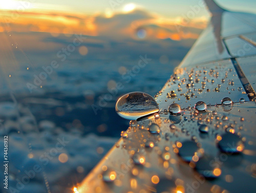 Photography of a water droplet caught on the wing of a plane capturing travel and motion