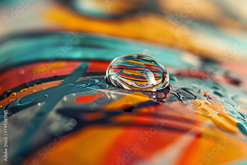 Photography of a water droplet on a vibrant graffiti tag blending urban art and nature © pprothien