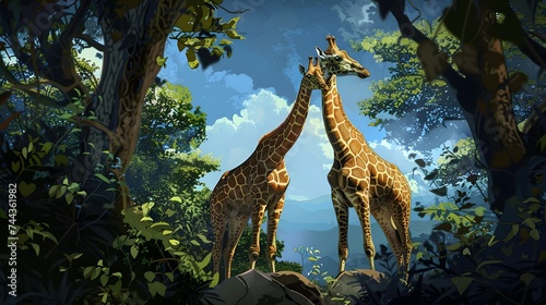 Pair of giraffes in the habitat. wildlife animal  digital art 