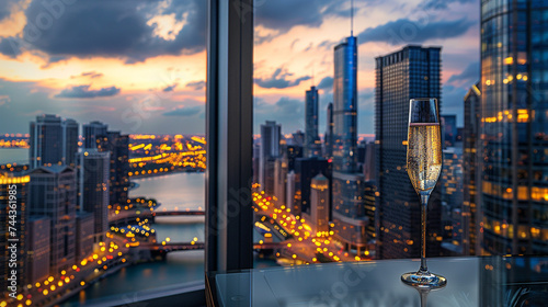 Photography of an elegant flute of champagne with a city skyline view from a high rise