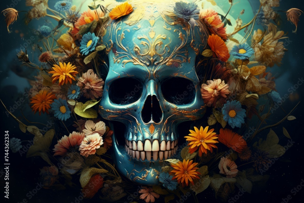 Skull flowers art. Vintage art dark. Generate Ai