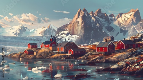 Picturesque village on coast of Greenland. digital art 