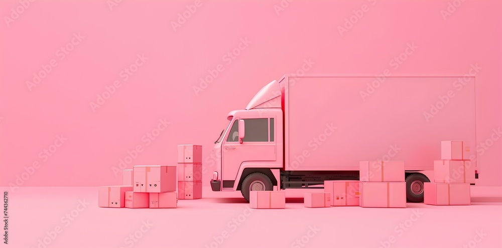 pink delivery truck with boxes on a pink background, in the style of sculpted, ad posters, atmosphere of dreamlike pink delivery truck with boxes on a pink background, in the style of sculpted, ad posters, atmosphere of dreamlike