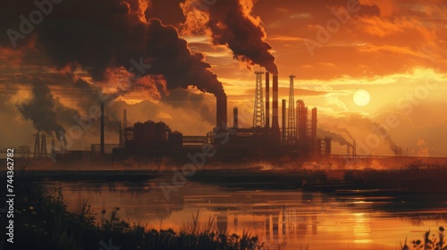 City Sunset with Industrial Silhouettes and Pollution
