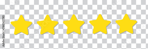 Five stars on transparent background. Isolated five stars rating. Yellow stars rank in png. Feedback illustration. Quality symbol. Review illustration on transparent background, eps10
