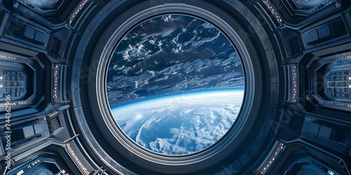 Porthole of the space station. SciFi Spaceship Corridor 3d rendering, shuttle interior. window to the open space view. The Porthole Of the Spacecraft.