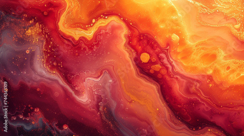 Closeup of a marbled effect with rich shades of red and yellow paint merging into one another in an enchanting display.