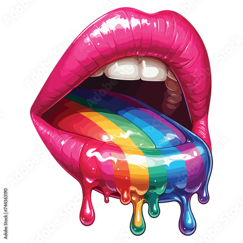 Vector Open woman mouth with rainbow color glossy lips and liquid paint flows 