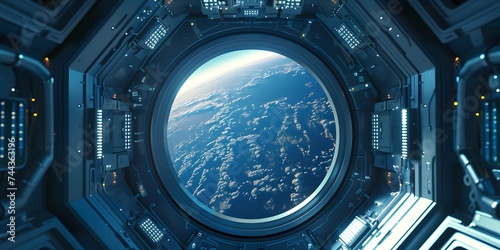 Porthole of the space station. SciFi Spaceship Corridor 3d rendering, shuttle interior. window to the open space view. The Porthole Of the Spacecraft. photo