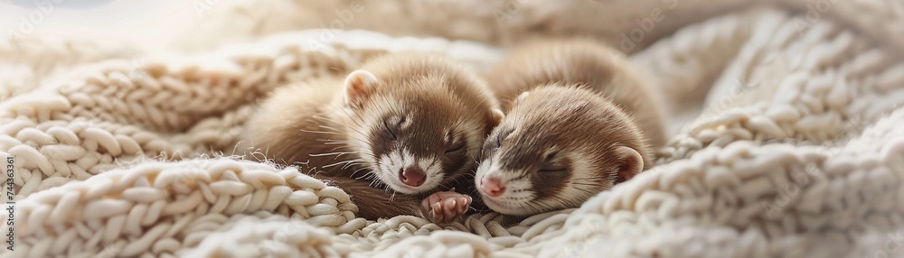 Furry Ferrets, a pair of furry ferret kits playing together on a white blanket, with sleek coats and inquisitive gazes, background image, generative AI Furry Ferrets, a pair of furry ferret kits playing together on a white blanket, with sleek coats and inquisitive gazes, background image, generative AI