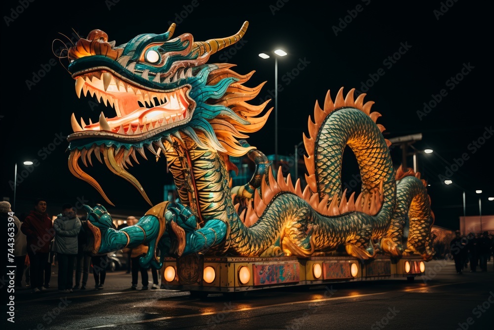 A dragon float dazzles spectators in a Chinese New Year parade at night