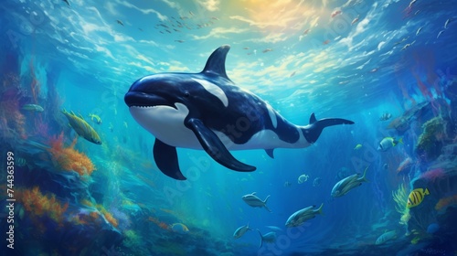 Whale in underwater world. 3D illustration. Elements of this image furnished by NASA