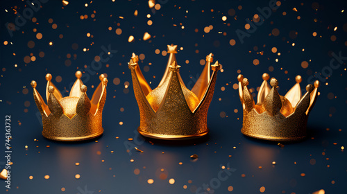 Three shiny golden crowns on navy blue background, generative ai