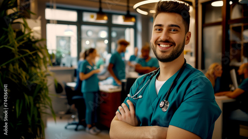 Happy doctor with stethoscope in hospital  staff in background with staff