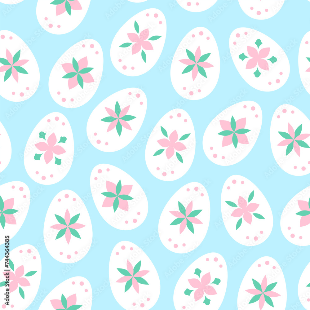 Easter folk art ornament. Vector seamless spring pattern of eggs with petals. Spring background. Fabric textile print Easter folk art ornament. Vector seamless spring pattern of eggs with petals. Spring background. Fabric textile print