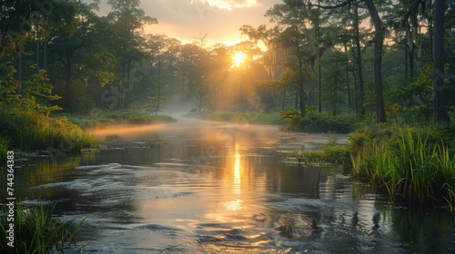 View of landscape bayou at sunrise in fog Morning mist on the swamp creates painterly atmosphere. photo