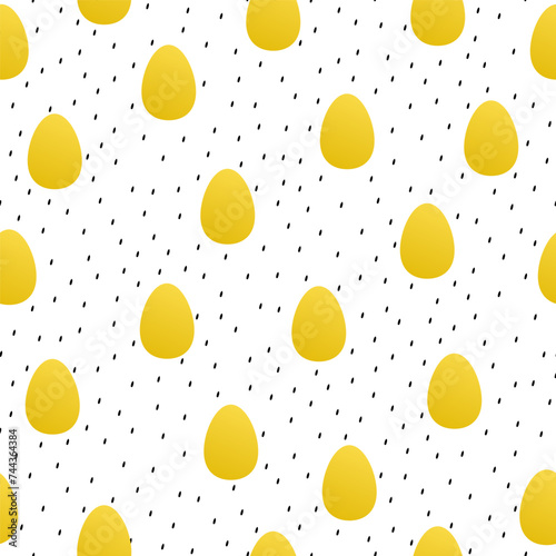 Easter ornament. Vector seamless pattern of gold eggs with a black brush stroke on a white background. Fabric textile print
