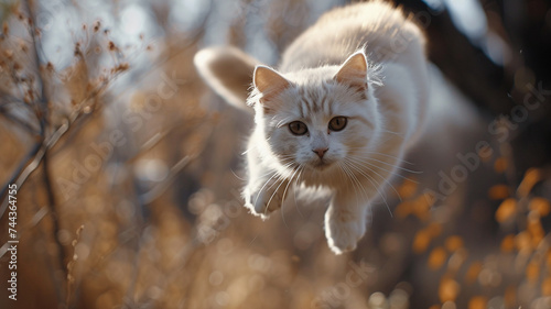 A dynamic shot of a white cat mid-leap, capturing the essence of grace and athleticism. © memoona