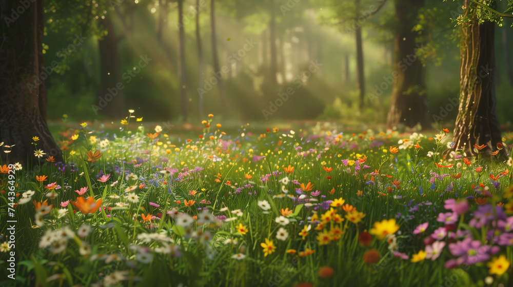 Enchanted Forest Meadow: Sunbeams Illuminating a Lush Carpet of Wildflowers in Springtime Serenity