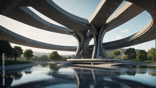 Futuristic Concrete Structure with Tree and Overpass