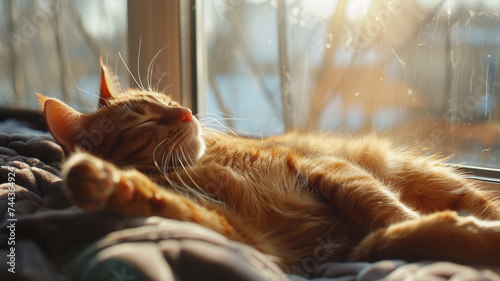 A ginger cat stretching out lazily on a sun-drenched windowsill, showcasing the epitome of relaxation.