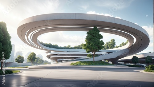 Futuristic Concrete Structure with Tree and Overpass