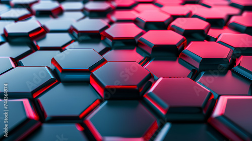 3D rendering of an abstract pattern of interlocking hexagons in red and blue with a glossy metallic finish. 