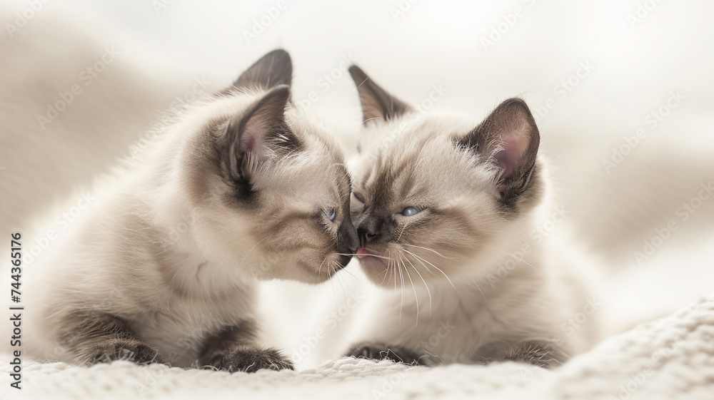 A pair of Siamese kittens engaged in an adorable nose-to-nose boop, showcasing the bond of sibling camaraderie.